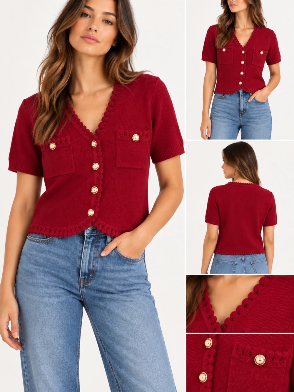 Nanette Deep Red Cardigan with Gold Accents